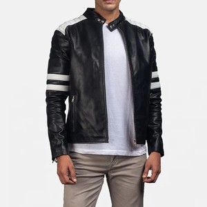 Men's Genuine Leather Moto <b>Jacket</b> Stand Collar Zipper Closure Color Blocking Regular Sleeve Autumn Style - Product Image 5
