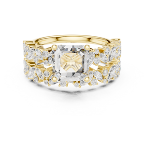 Anillo clásico de oro amarillo macizo de 14 quilates con diamantes cultivados en laboratorio de corte Asscher-Marquise y redondo, anillo de boda para mujer - Product Image 1