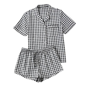 Nueva llegada de verano para mujer, conjunto de pijama de algodón con cuello en V, camisa de manga corta con pantalones cortos, patrón a cuadros, ropa de dormir, talla XL - Product Image 1