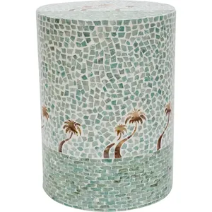 Tropical Palm Trees Pattern Cylinder <b>Stools</b> Mother of Pearl Handcrafted Mosaic Small Side Table Living Room <b>Bedroom</b> Decor Use - Product Image 1