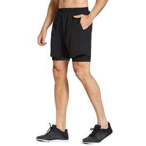 Double <b>Layer</b> Gym Fitness Shorts Elastic Waste Black Color Quick Dry Outdoor Sport Jogging Running Men's 2 in 1 Gym Shorts - Product Image 3