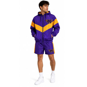 High Quality Custom <b>Mens</b> Color Block Patchwork Sportswear Nylon Windbreaker Tracksuit <b>Jacket</b> and Shorts Set <b>Men</b> - Product Image 3