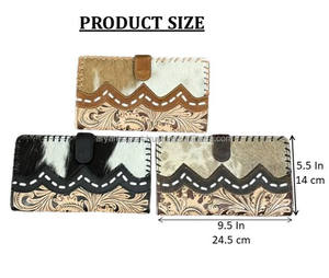 Cartera Larga de Cuero Vacuno con Pelo, Diseño Occidental de Tendencia 2025, con Diseño Floral en Cuero Repujado a Mano, Cartera de Cuero Hecha a Mano para Mujer - Product Image 2