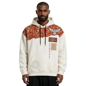Sweat-shirt à capuche pour homme, style industriel, imprimé floral, patchwork, broderie d'aigle, streetwear décontracté, automne, molleton de coton - Product Image 2