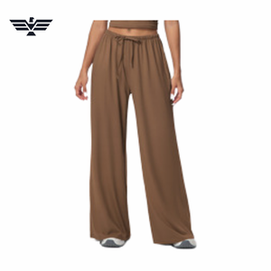 Women's High Waist Wide Leg Pants Solid Brown Knitted Drawstring Casual Full Length Loose Fit Summer Style - Product Image 1