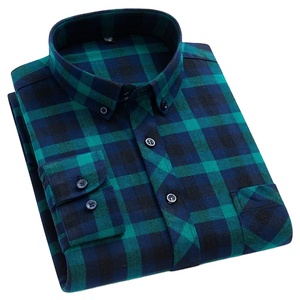 Chemise en flanelle à carreaux vertes pour homme, manches longues, col rabattu, décontractée, 100% coton, respirante, brossée, douce - Product Image 1