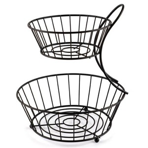 Support à fruits rond à 2 niveaux en fil métallique noir avec support latéral en spirale, vente en gros directe d'usine OEM ODM, fil de fer robuste - Product Image 1