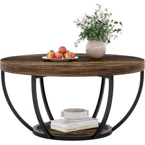 Table basse ronde en bois à 2 niveaux avec étagères, table centrale pour cocktails - Product Image 4