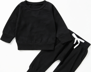 Survêtement en coton noir pour bébés garçons, col ras du cou, manches longues, couleur unie, pantalon de jogging décontracté, taille élastique, vêtements d'automne - Product Image 3