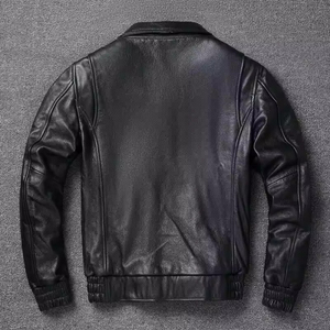 Veste moto en cuir véritable pour homme, col rabattu, fermeture éclair, couleur unie, manches classiques, automne - Product Image 6