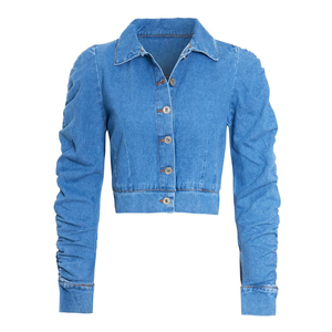 Women Light Blue <b>Cropped</b> <b>Denim</b> <b>Jacket</b> Ruched Long Sleeve Button Front Slim Fit Casual Fashion Outerwear - Product Image 4