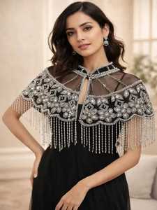 Golden Beaded Tassel <b>Cape</b> Wrap With High Collar For Wedding Adult Black Silver Hand Beaded Embroidered Fringe <b>Cape</b> for <b>Women</b> - Product Image 3