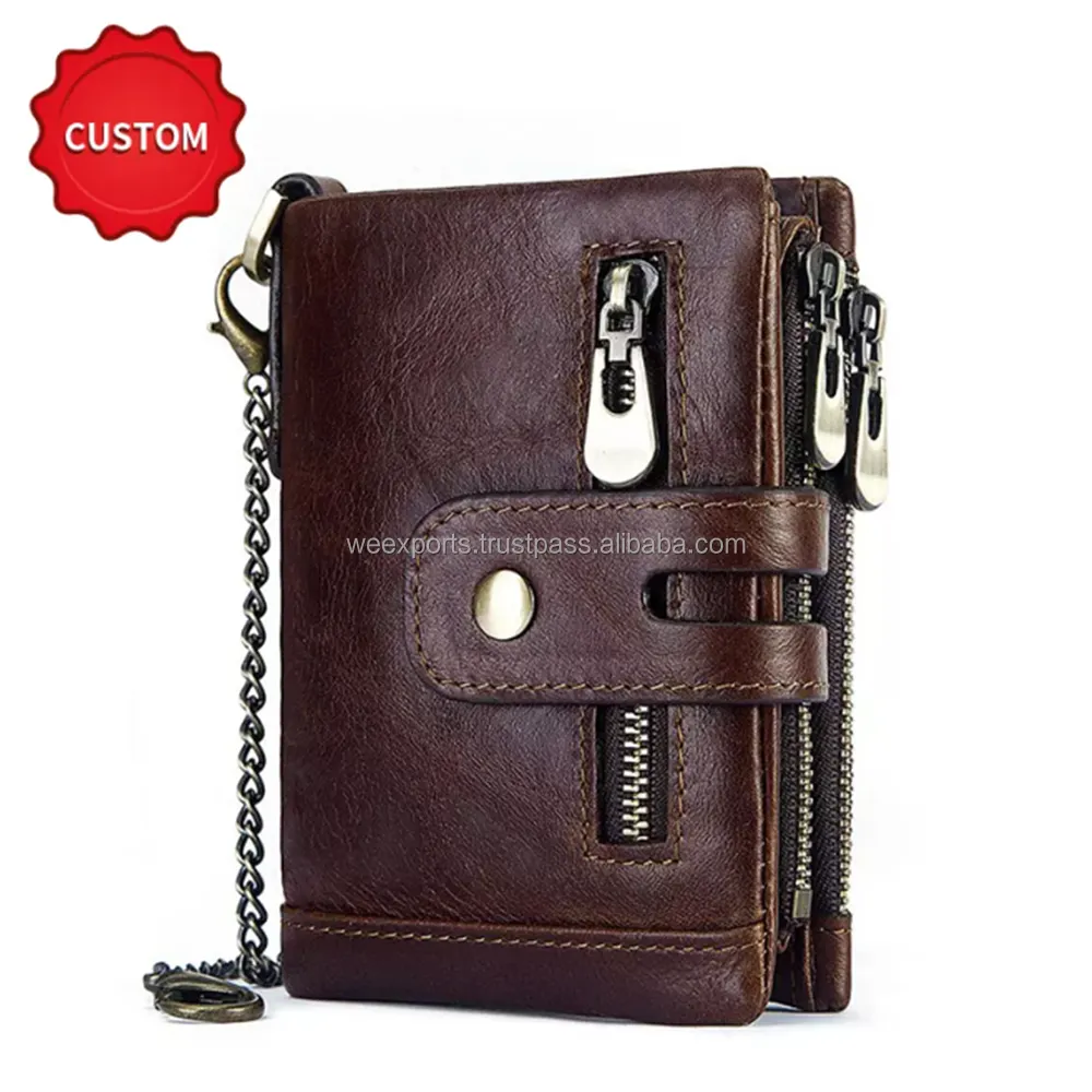 Bifold Stylish Mens Wallet Credit card With Coin Pocket RFID Blocking Chain Wallet Crazy Horse Leather Wallet