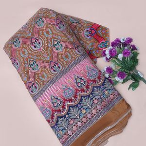Tissu en crêpe marron ocre brodé, 54 pouces, motif floral, bordure Daman, léger, tissé, pour Kurti, Anarkali, robe de créateur, fournisseur indien - Product Image 3