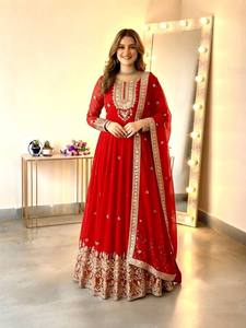 Conjunto de vestido Anarkali, pantalón y dupatta de papel georgette pesado con bordado de espejo, listo para usar, traje de fiesta cosido (HHI 546) - Product Image 5