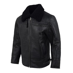 Mens Black Leather Jacket With Black <b>Fur</b> Collar Winter Shearling B3 Coat Genuine Sheepskin Warm Fleece Lined Biker Jacket - Product Image 1
