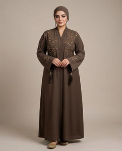 Women Brown Embroidered Abaya <b>Long</b> Sleeve Floor Length Modest <b>Dress</b> V Neck Plus Size Middle East Style Daily Wear - Product Image 1