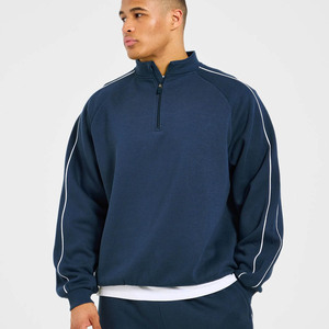 <b>Top</b> Selling Custom Navy <b>High</b> Neck Men's Quarter Zip Piping Hoodie Cotton Blend Breathable Tracksuit Streetwear Hoodie For Men - Product Image 1