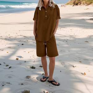 Conjunto de Pantalones Cortos y Camiseta de Manga Corta de Algodón Tejido Transpirable y Cómodo para Mujer, Ropa Informal de Verano para el Hogar - Product Image 1