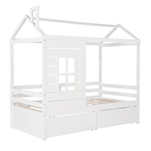 Letto a casetta in legno bianco per bambini, misura Twin, con due cassetti contenitore - Product Image 5