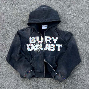 Customized Unisex Winter Oversized Hoodie Zipper Front Glitter Print Rhinestone Digital Printing Streetwear French Terry Cotton - Product Image 1