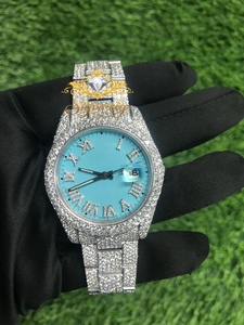 Reloj de Mujer con Incrustaciones de Diamantes Moissanite, Esfera Azul, Números Romanos, Brazalete de Acero Inoxidable, Visualización de Fecha, Carátula Redonda Analógica, Lujoso - Product Image 1
