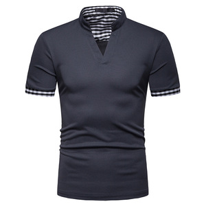 Chemise pour homme bleu foncé à manches courtes, tissée, avec col et poignets à carreaux, style décontracté, coupe classique, 100% polyester respirant - Product Image 1