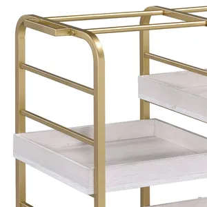 Gold Metal Rolling <b>Bar</b> <b>Cart</b> Three Tier Serving <b>Trolley</b> with Wheels and Wooden Shelves for Home Kitchen - Product Image 3