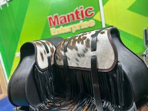 <b>Black</b> Leather Motorcycle Saddlebags with Hair-On Flaps, Fringe – Cruiser Panniers Large Capacity Leather Bag - Product Image 4