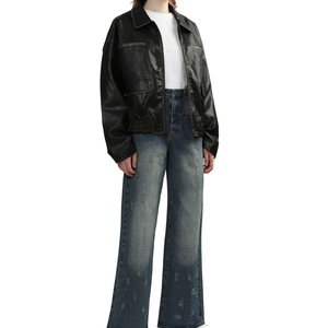 OEM High Quality <b>Long</b> Sleeve Crackled Leather Round Neck Zip Fly <b>Men</b> <b>Jacket</b> - Product Image 4