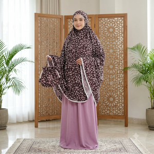 Modest Style Floral Printed Muslim Women <b>Prayer</b> <b>Dress</b> Floral Telekung Mukena Set Soft Rayon With Matching Drawstring Pouch - Product Image 2