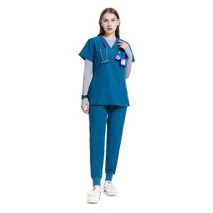 Ensemble de blouses bleues pour femmes, en coton et polyester tissé, col en V, prêt pour le stéthoscope, uniforme d'infirmière d'hôpital - Product Image 1