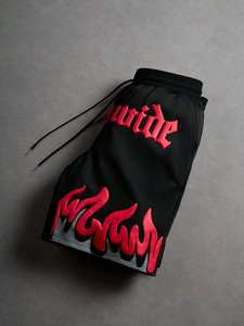 Pantalones Cortos Casuales de Verano para Hombre con Estampado Gráfico de Llama y Letras, Cintura Elástica, Shorts de Playa Negros de Poliéster con Logotipo Frontal - Product Image 3