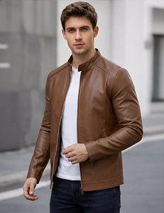 Veste moto en cuir PU marron pour homme, col montant, fermeture éclair, coupe ajustée, longueur normale, pour l'automne - Product Image 5