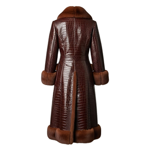 Unisex Long Real Leather Breathable Windproof Trench <b>Coat</b> Fur Trim Belted Warm <b>Winter</b> Outerwear Solid Color Elegant Style Full - Product Image 6