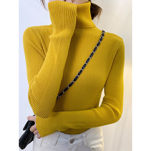 ZOKI 2023 femmes pull à col roulé pull automne à manches longues mince élastique coréen basique pull solide jaune haut taille unique - Product Image 1