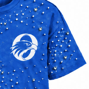 T-shirt unisexe bleu royal orné de perles, manches courtes, col rond, tee-shirt tendance avec perles décoratives pour un style décontracté - Product Image 5
