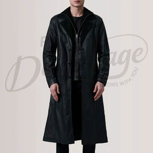 Manteau long en cuir noir de qualité supérieure pour homme, classique, pour l'hiver, en cuir véritable, col double, coupe-vent - Product Image 2