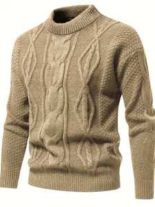 Pull en maille torsadée vert vif pour homme, col rond décontracté, coupe ajustée, texturé, chaud pour l'automne et l'hiver, tricot de mode masculine - Product Image 6