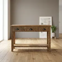 Console rustique en bois massif à 3 tiroirs avec étagère ouverte et finition naturelle pour salon et chambre