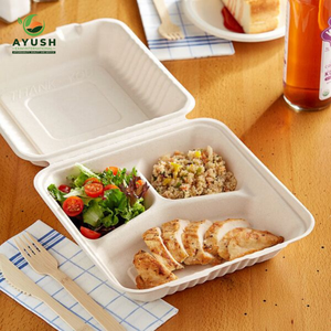 Contenedores desechables de bagazo tipo clamshell de 6x6 - 9x9 pulgadas con tapa, ideales para servicio de entrega de almuerzos saludables en la oficina. - Product Image 6