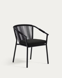 Chaise de salle à manger moderne minimaliste en teck noir écologique de qualité supérieure avec revêtement en similicuir et dossier en corde - Product Image 1