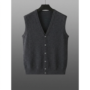 Gilet en laine tricoté pour homme, col en V, sans manches, boutonné devant, couleur unie, pour l'automne, anti-boulochage, épaisseur standard - Product Image 1