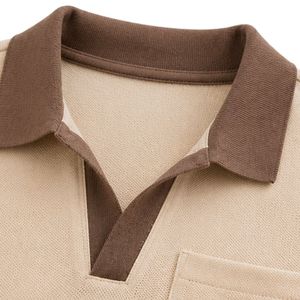 Ensemble polo et short pour homme beige et moka, poche contrastée, tenue décontractée d'été en deux pièces, logo personnalisé, vêtements de sport haut de gamme - Product Image 6