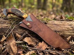 Couteau de chasse Bowie haut de gamme fait main en acier Damas cuivré, avec manche en bois de cerf et garde en cuivre, lame fixe de 10 pouces à pointe clip. - Product Image 6