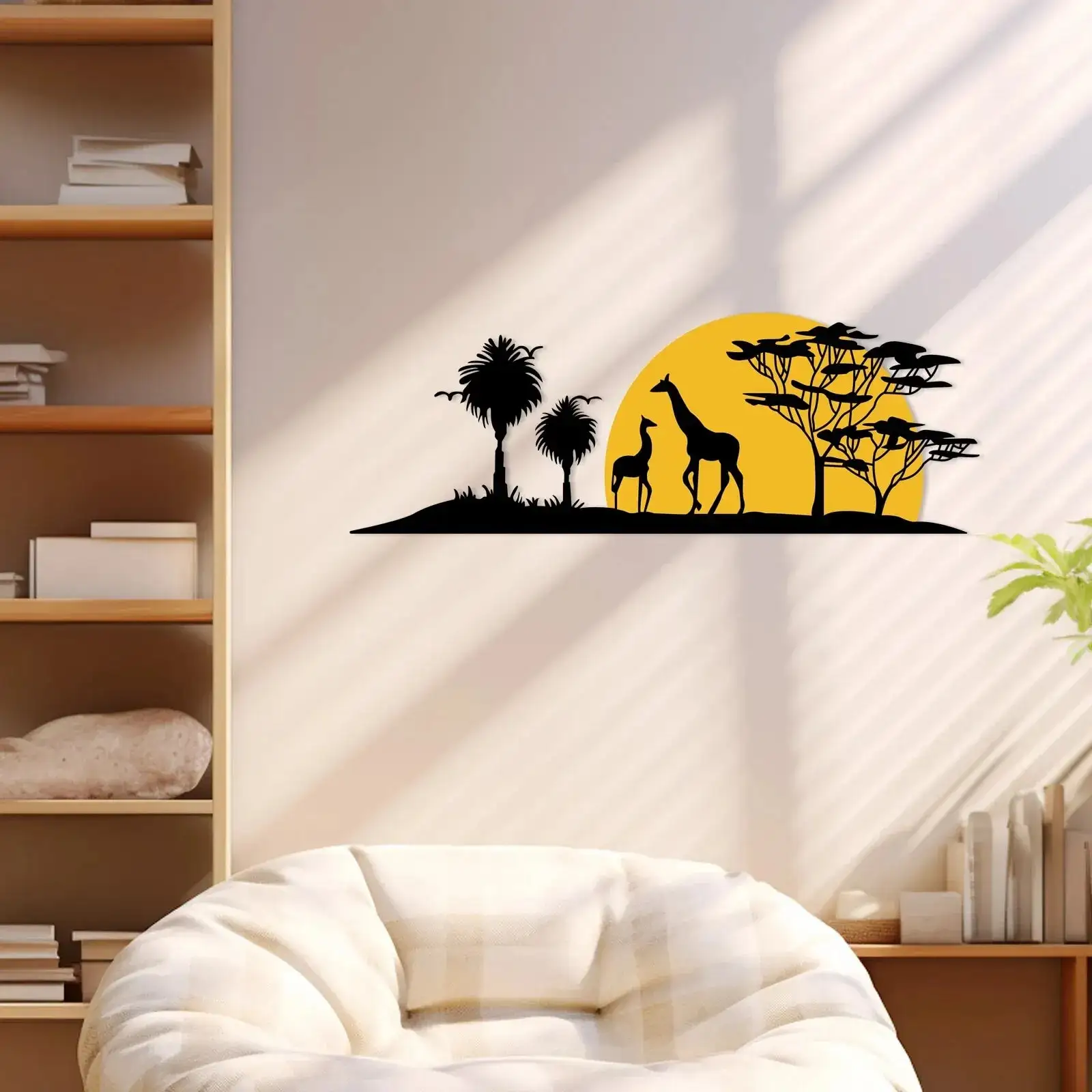 Girafe coucher de soleil et arbre Silhouette en métal Décoration murale Décoration murale en métal 3D Sculpture d'art mural Décorations intérieures et extérieures