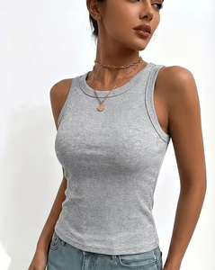 Women's Turquoise Ribbed Knitted Crew Neck Short Tank Top Casual Breathable Solid Color Polyester/Cotton Blend 160g Customizable - Product Image 6