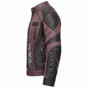 Chaqueta de Cuero Genuino Morada para Hombre, Estilo Motero con Tachuelas, Estampado Gráfico de Tiburón, Chaqueta Rocker con Tachuelas, Fabricante OEM ODM, Venta al Por Mayor - Product Image 4