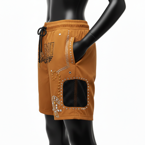 Short de bain femme en polyester et élasthanne 180 GSM de qualité supérieure, couleur moutarde, orange, noir, avec empiècements en mesh et logo thermocollé en strass. - Product Image 3