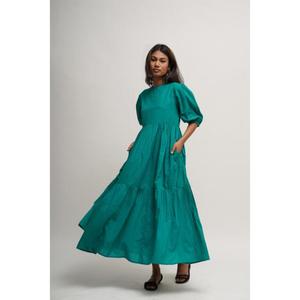 Robe longue trapèze verte de haute qualité, col rond, manches courtes, en lin superposé, couleur unie, confortable pour femme, vente en gros - Product Image 6